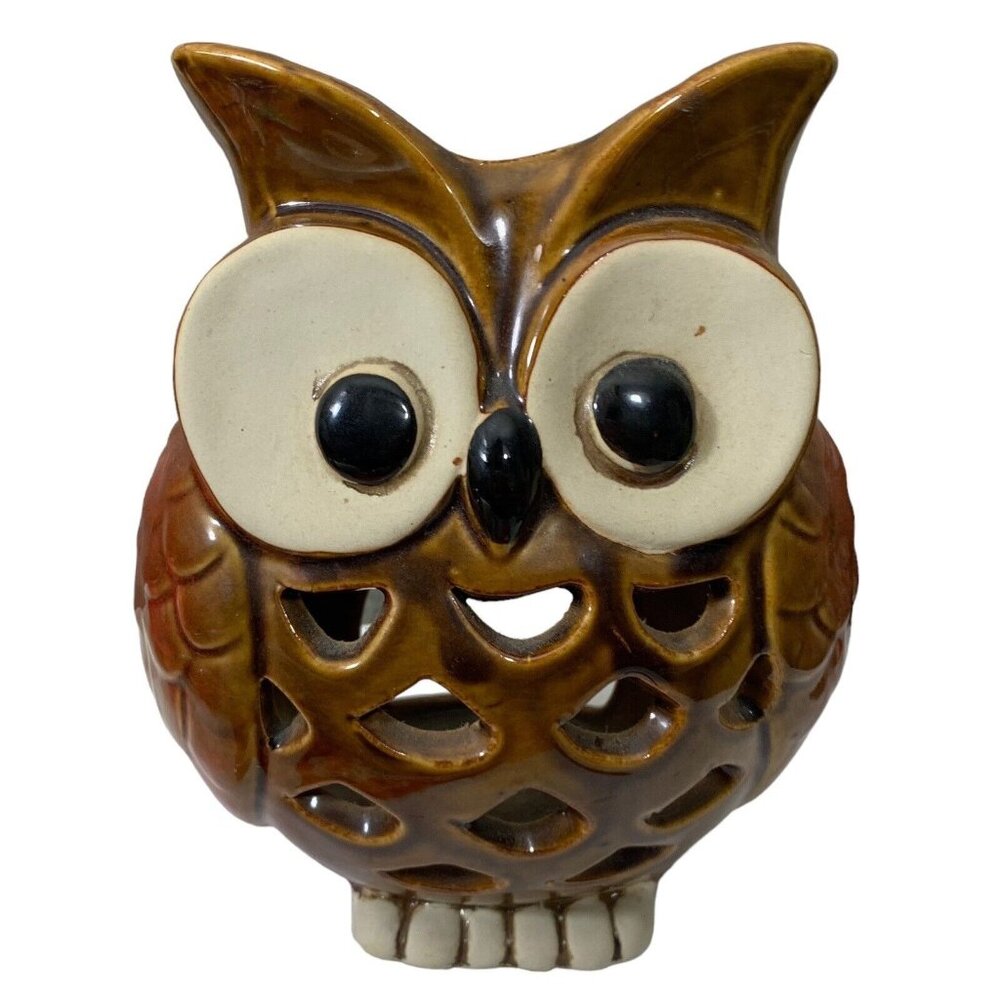 Ceramic Owl Candle Holder Brown Glazed 7" Tall Home Decor